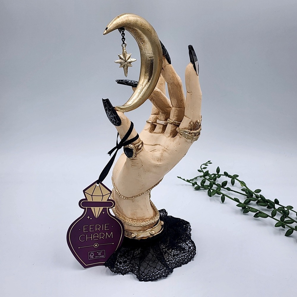 Gothic Celestial Witch Hand Crescent Moon Statue Skull Snake Halloween Decor 11"